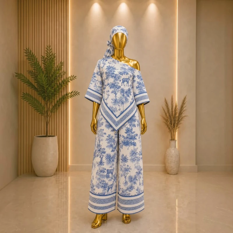 طقم نسائي واسع بنقشة مزخرفة – تصميم أنيق باللون أزرق