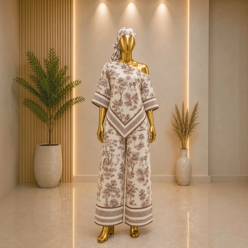 طقم نسائي واسع بنقشة مزخرفة – تصميم أنيق باللون بيج وبني