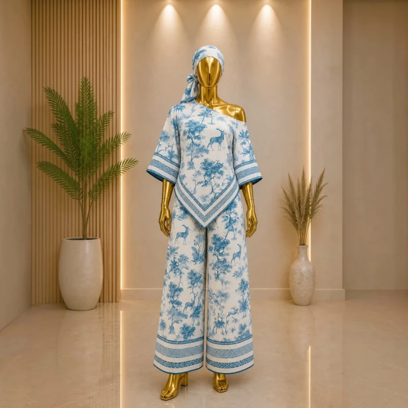 طقم نسائي واسع بنقشة مزخرفة – تصميم أنيق باللون أزرق سماوي