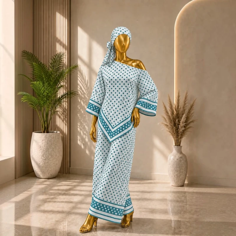 طقم نسائي واسع بنقشة مزخرفة – تصميم أنيق باللون تركواز